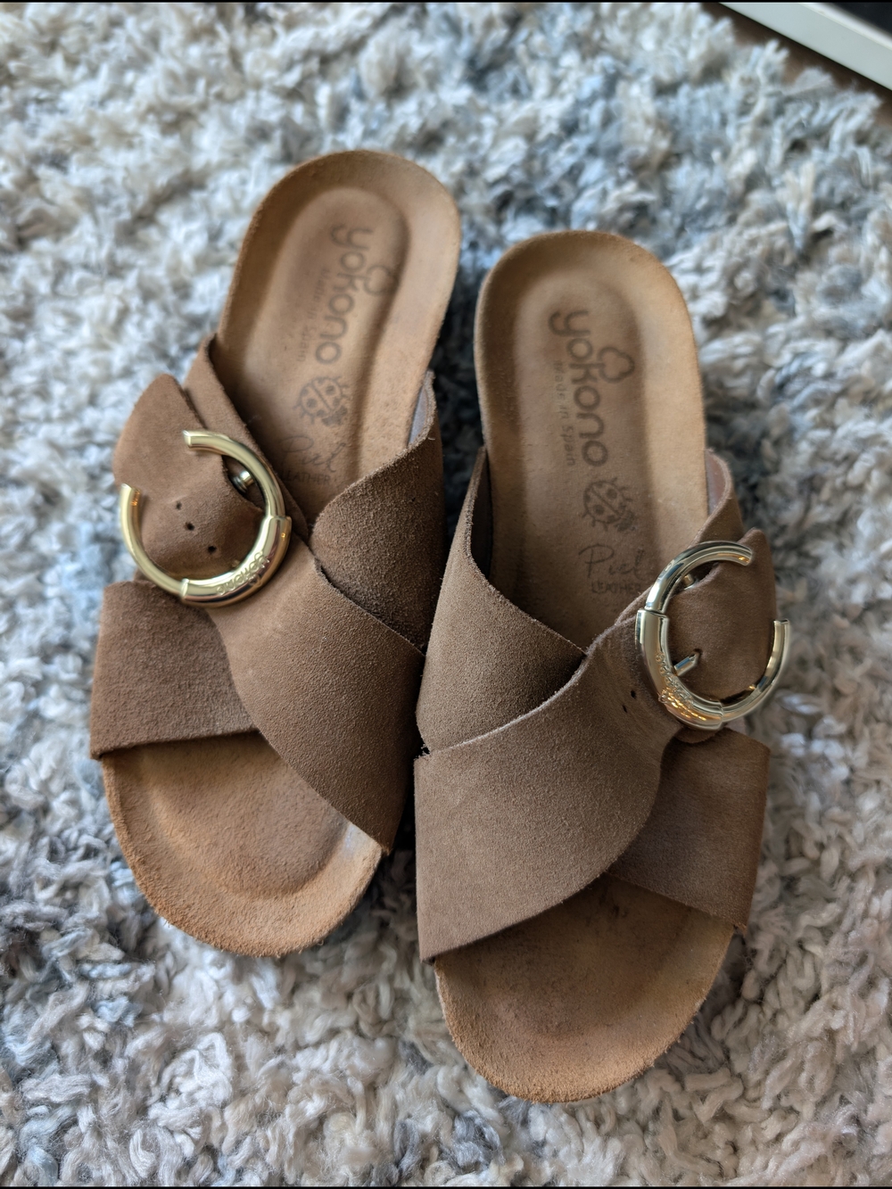 Brown Suede Slide Sandals with Gold Buckle - Picture 3 of 17